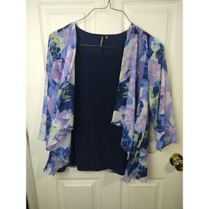Cathy Petite PL Floral Lined Sheer Floral 3/4 Sleeve Blue Tank.